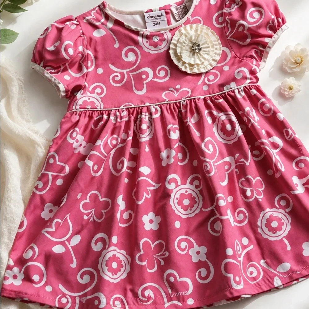 Savannah Boutique Toddler Girl Dress 24M Pink Puff Sleeve Rosette Appliqué VTG